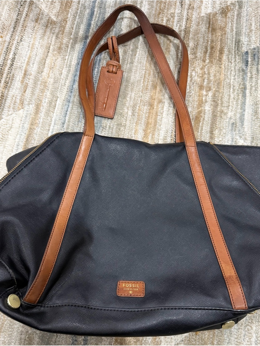 Fossil Black Duffel Tote with Brown Leather Trim